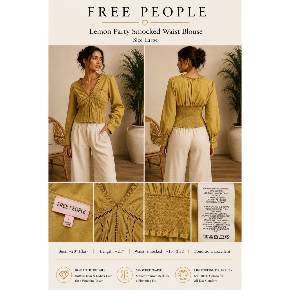 Free People Lemon Party Smocked Waist Blouse Gold Cotton Lace Top Large